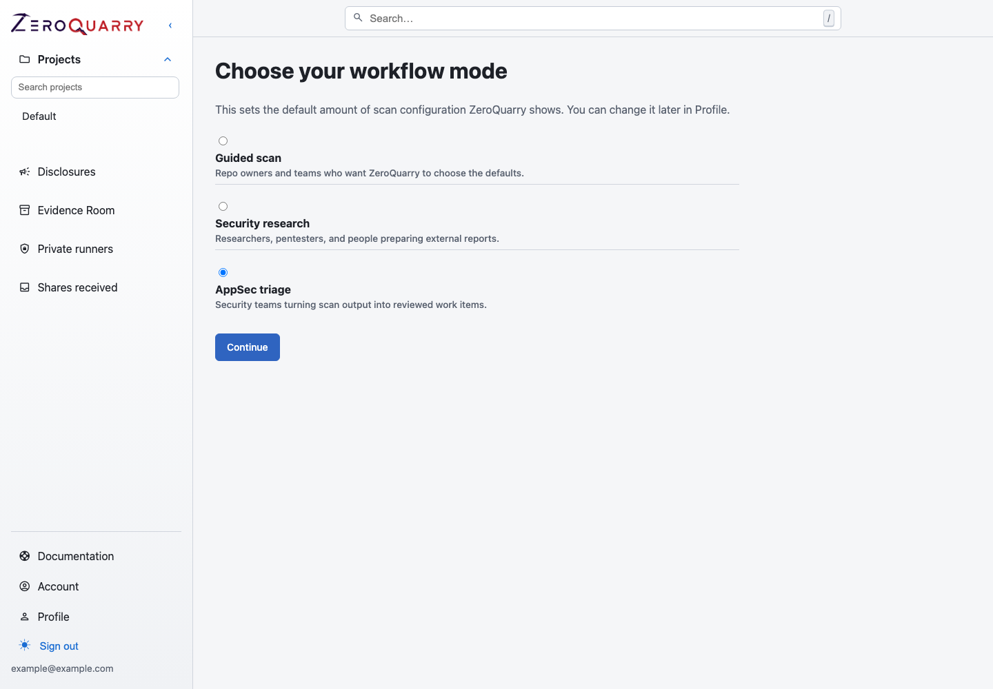 ZeroQuarry onboarding with Guided scan, Security research, and AppSec triage workflow modes.