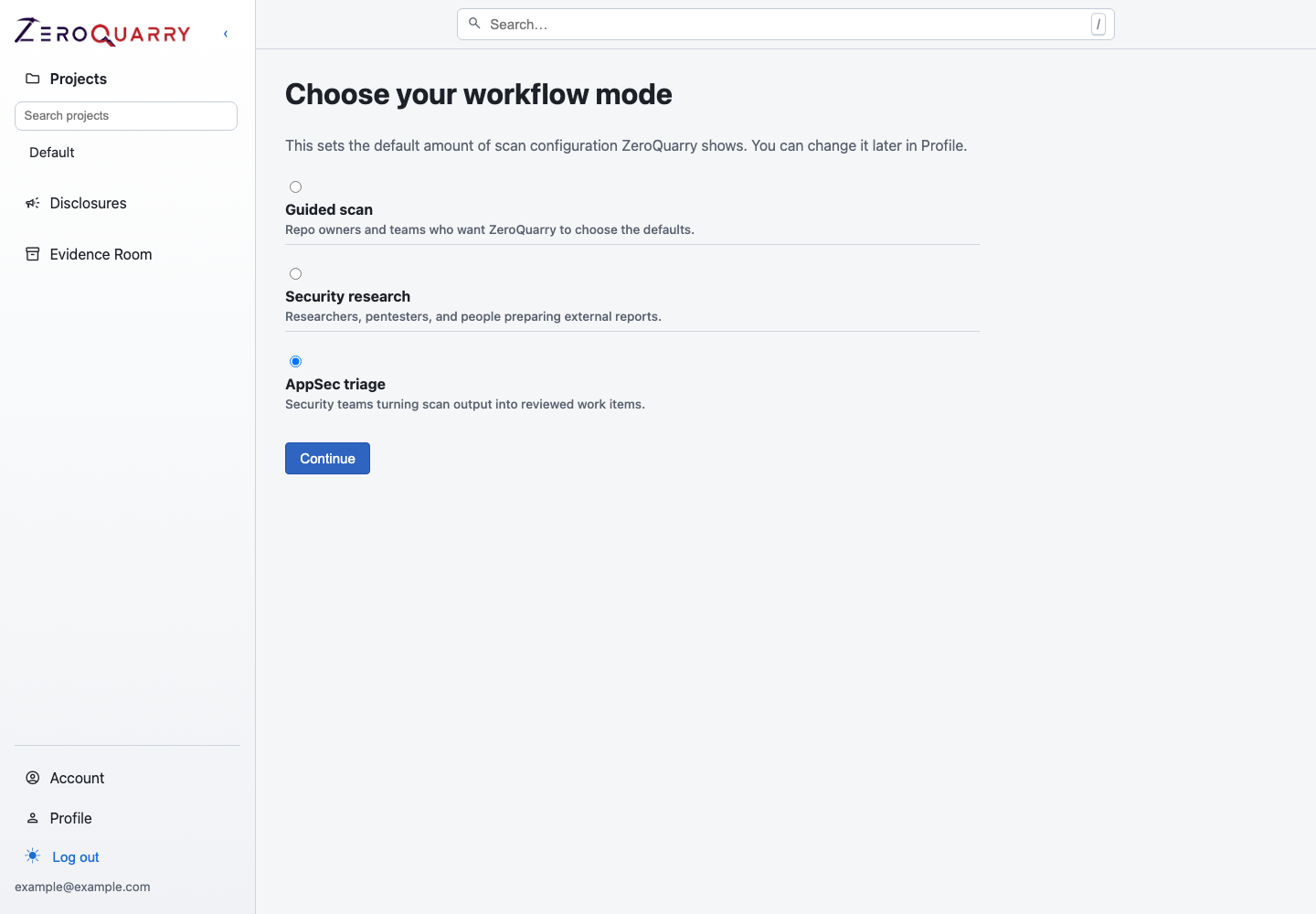 ZeroQuarry onboarding with Guided scan, Security research, and AppSec triage workflow modes.