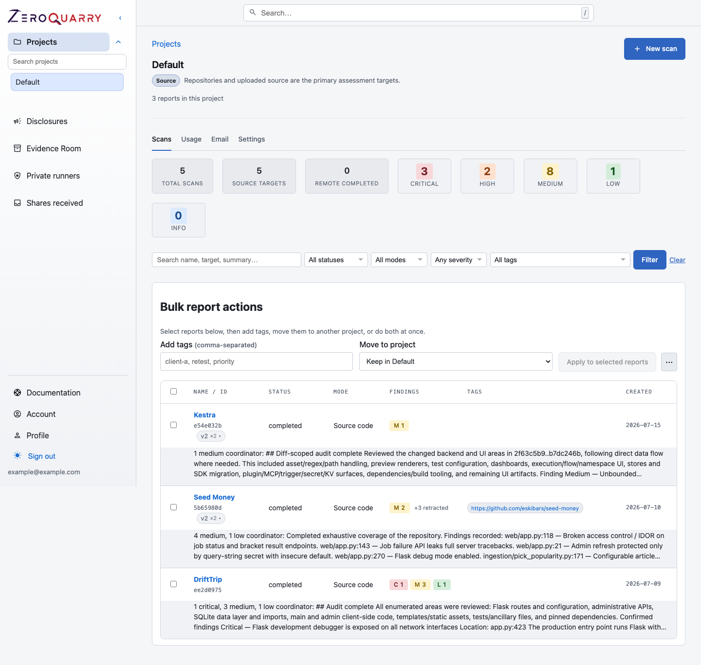 ZeroQuarry projects view listing assessment projects with their profiles.